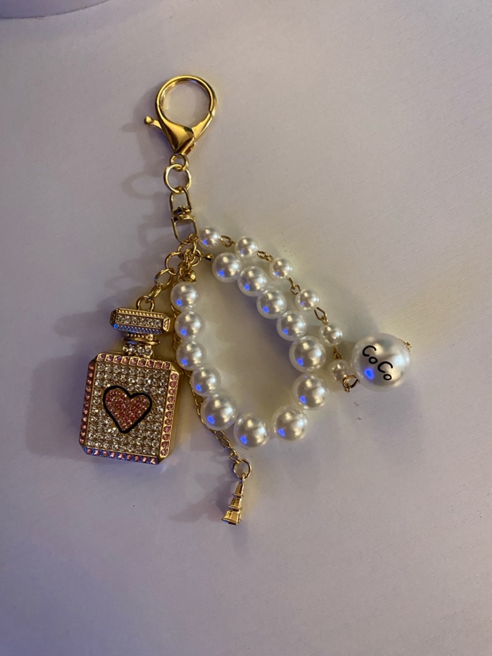 Gold Pearl Purse Charm with Perfume Bottle Pendant